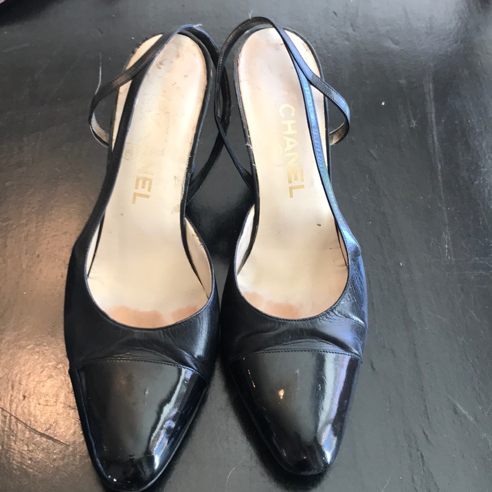 Extremely worn Chanel leather slingbacks 3.5 in